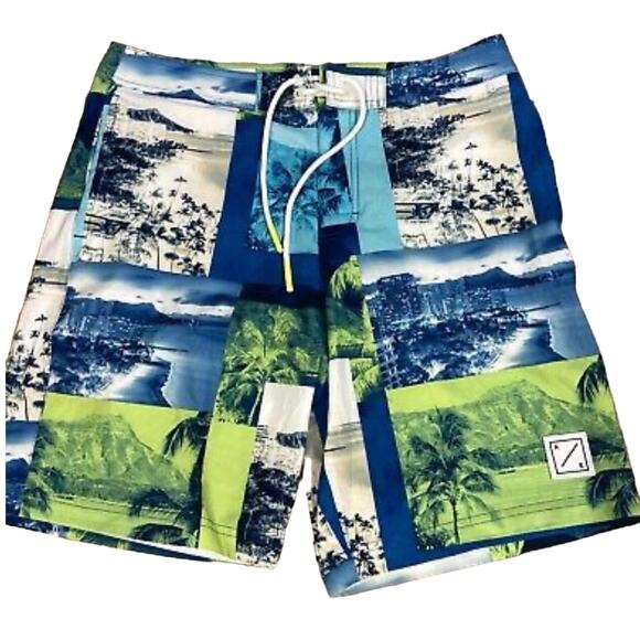 AMERICAN EAGLE NWT board shorts swim trunks blue green beach scene resort mens M - Picture 2 of 6